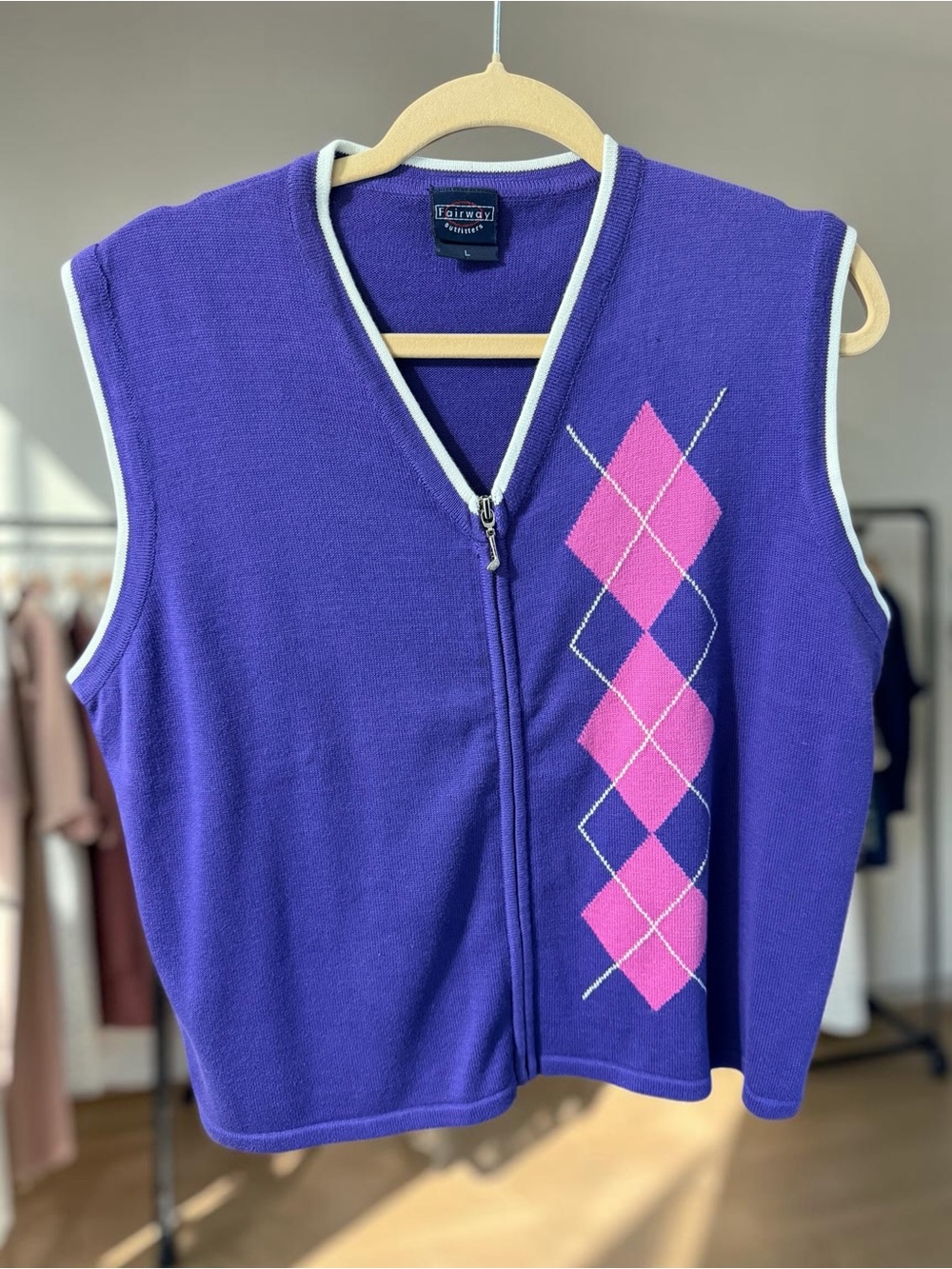 Fairway Outfitters Golf Sweater Vest Mens Large Purple Argyle Zip Front Preppy